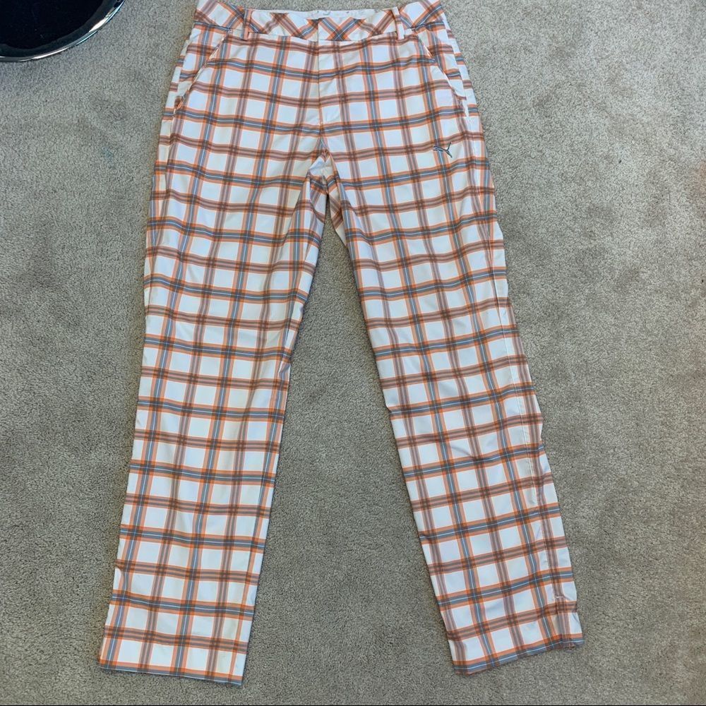 Puma White, Orange & Brown Plaid Straight Leg Golf Pants - Picture 2 of 10